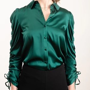 Veronica Beard Green Lillian Ruched Button Down Silk Satin Blouse